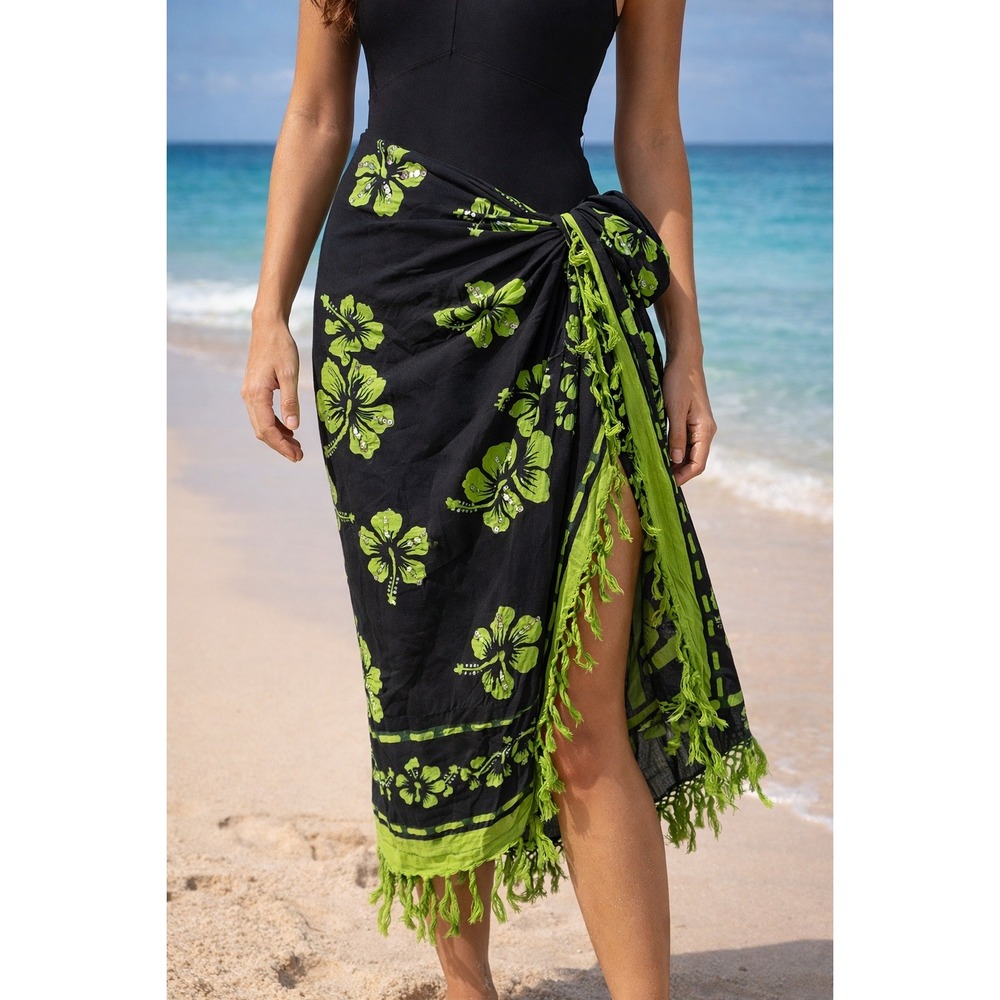 Hawaiian Floral Fringe Wrap Swim Skirt Sarong Vacation Resortwear Green Sequin